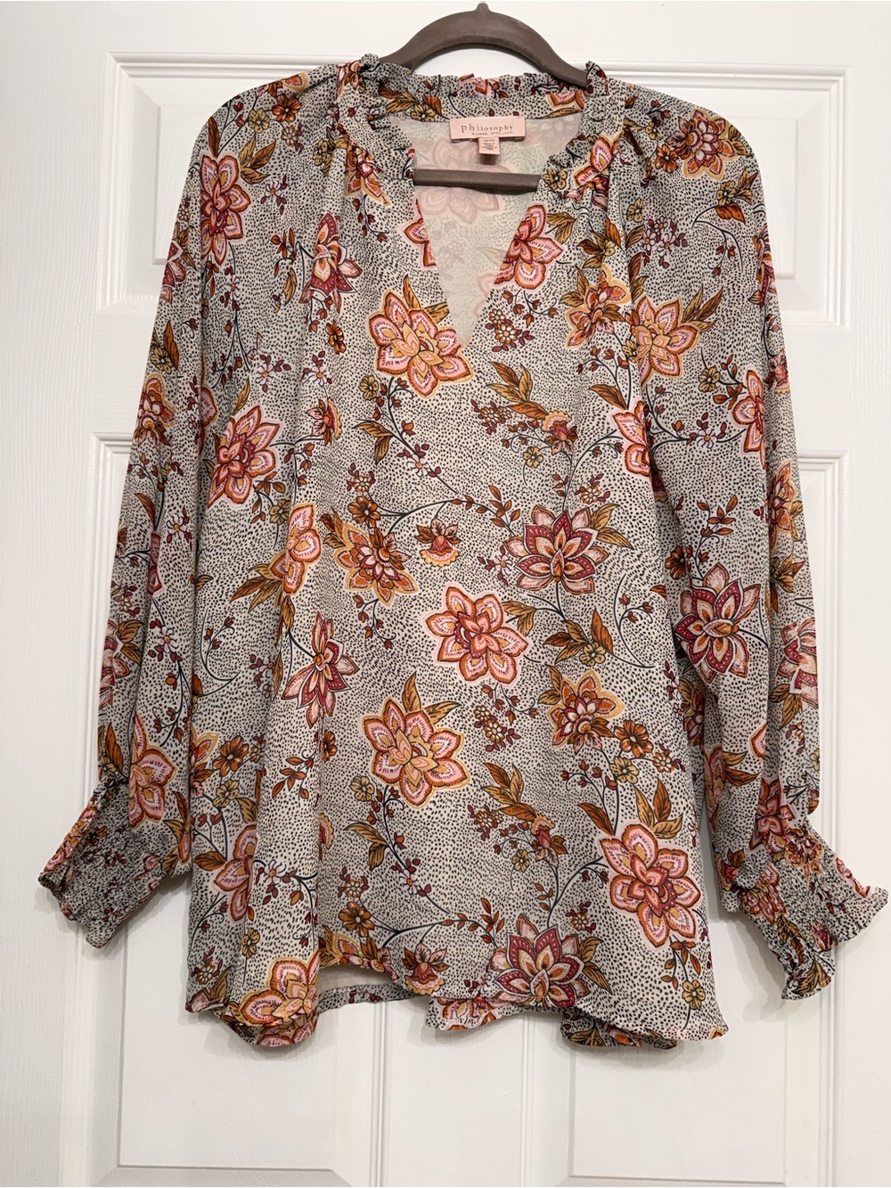 Philosophy Woman Floral Boho Smocked Cuff Blouse 1X Plus